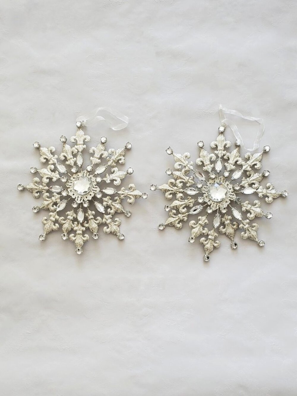 Large Silver Jeweled Snowflake Ornaments -  Pair